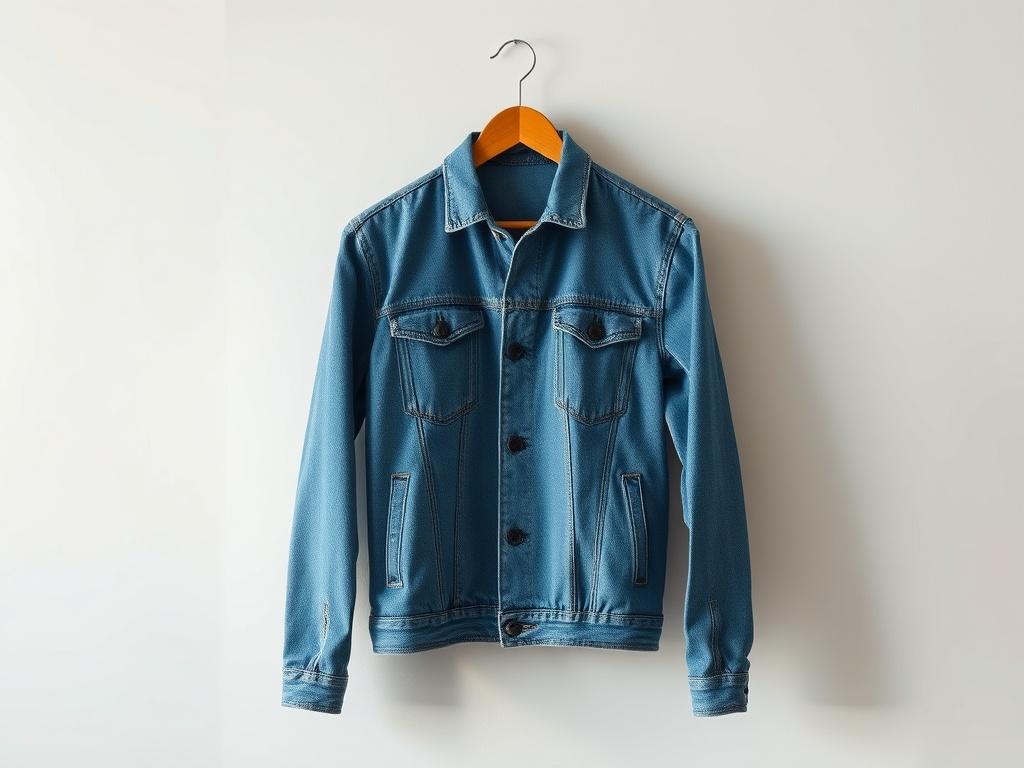 A realistic, high resolution of a stylish denim jacket hanging