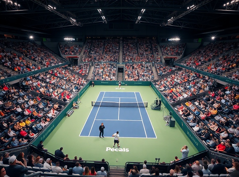 Crowded professional tennis court during tournament