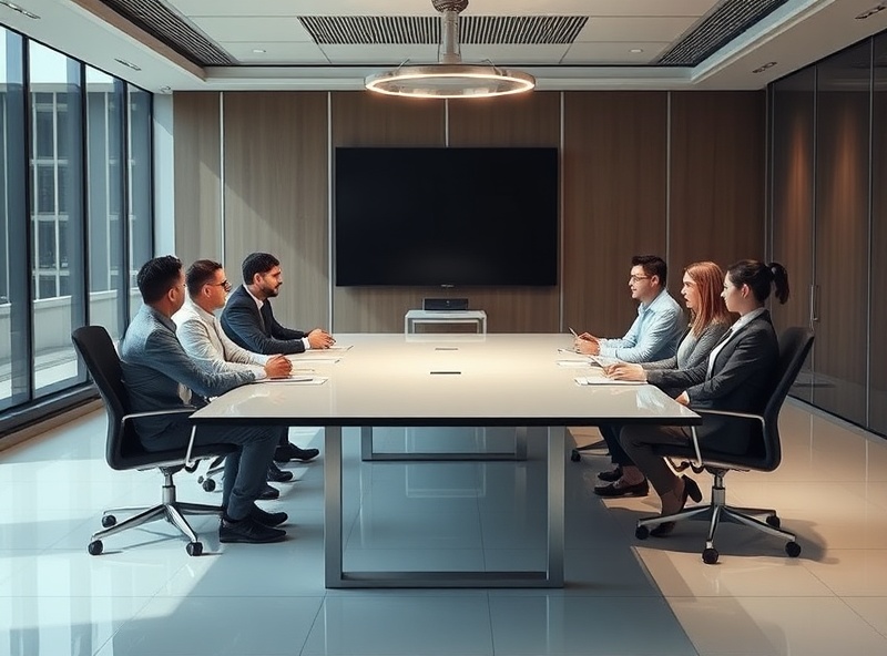 Professional meeting room with 6 people at conference table