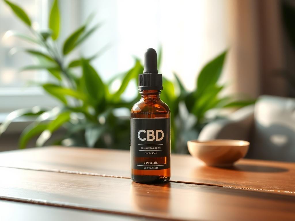 A serene and inviting setting showcasing a bottle of CBD