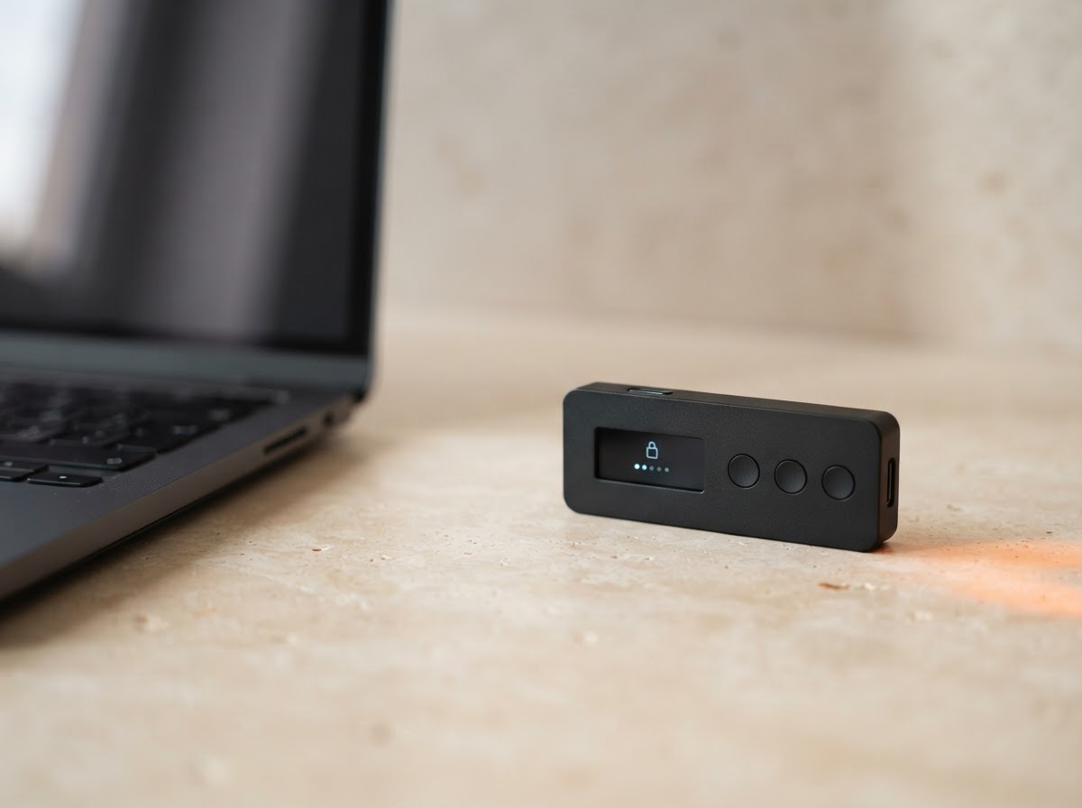 A Trezor-style hardware wallet on a clean desk beside a laptop