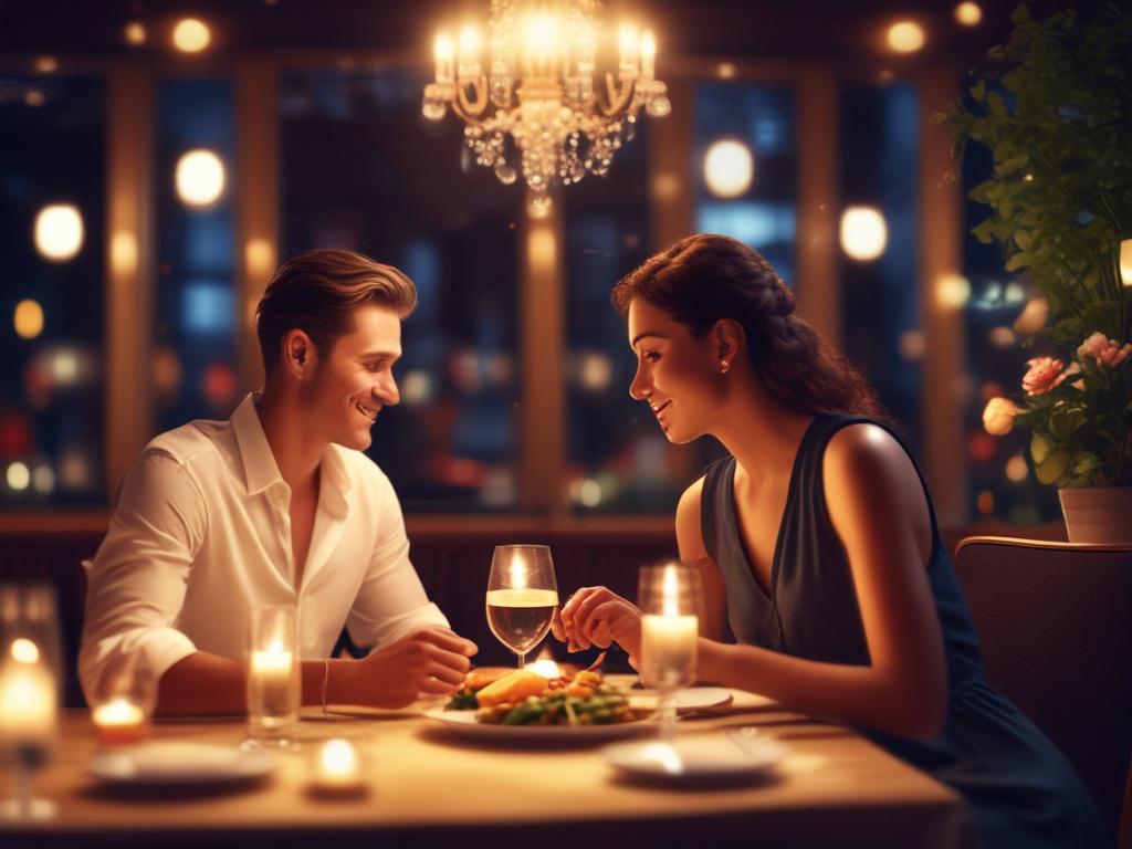 A charming couple enjoying a romantic dinner in an elegant