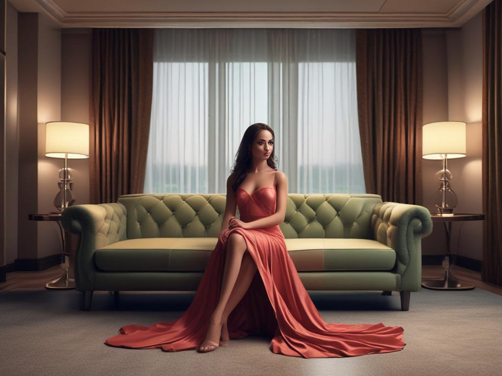 A glamorous young woman in a stylish dress, sitting elegantly