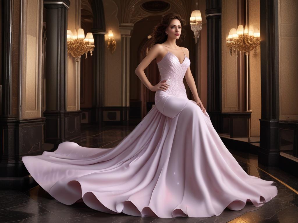 A glamorous ramp model in an elegant evening gown, striking
