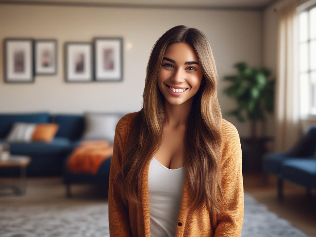 A stunning young woman in casual attire, smiling and exuding