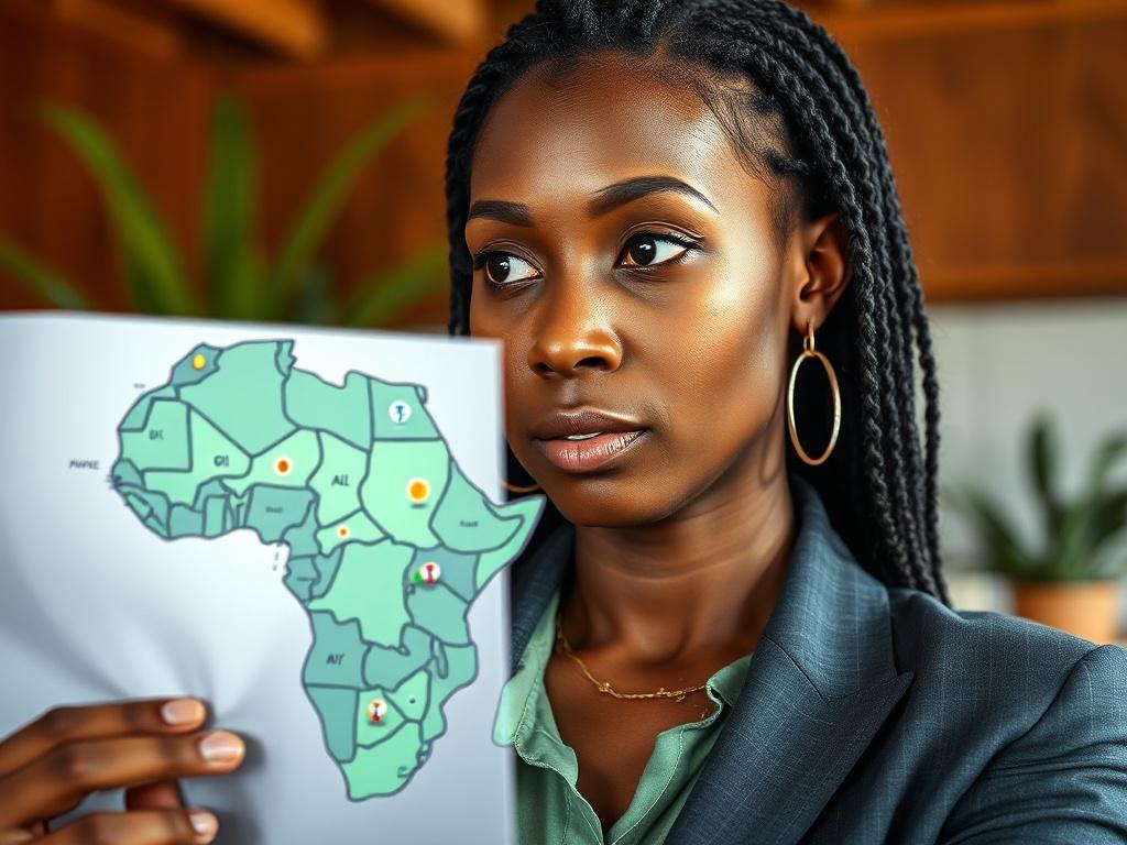 **AI Image Generation Prompt:**

Create a realistic high-resolution photo that captures the essence of Africa’s resource governance. The subject should be a close-up of a thoughtful African woman in a professional attire, contemplating as she examines a map of Africa filled with symbols representing different natural resources like diamonds, oil, and minerals. She should have an expression that reflects a blend of determination and curiosity. 

The background should be softly blurred to ensure the focus rem