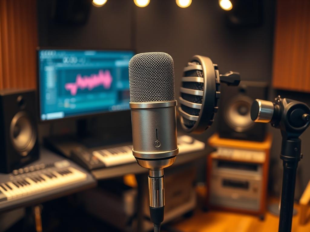 A close up shot of a microphone in a recording