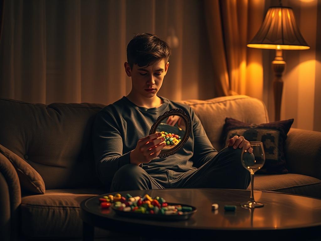 Create a realistic high-resolution image that embodies the theme of "Temptation with Drugs and Lust." Focus on a single subject—a young adult figure (gender-neutral) sitting alone on a dimly lit, plush couch in a cozy room. 

The subject should have an intriguing yet troubled expression, gazing pensively at a small, ornate mirror in their hand, reflecting the juxtaposition of beauty and fragility. Scattered around them are a few colorful pills and a delicate, empty wine glass on a nearby coffee table, hinti