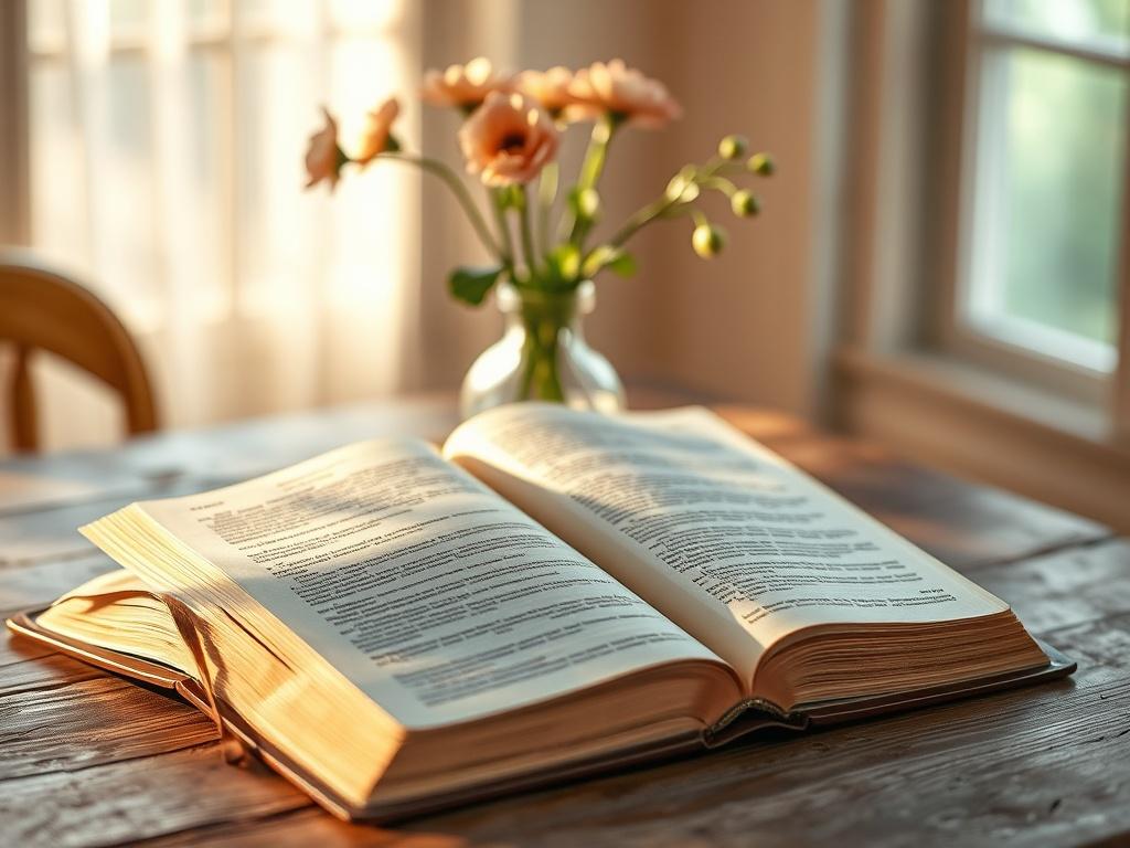 Create a realistic high-resolution photo that embodies the essence of "Daily Bible Scriptures for Inspiration." The composition should feature a single, open Bible resting on a rustic wooden table. The Bible should be well-worn, showcasing its use and significance, with soft natural light illuminating its pages, casting gentle shadows. 

In the background, include a serene, softly blurred indoor setting, adorned with a simple vase of fresh flowers, representing beauty and growth. The color palette should co