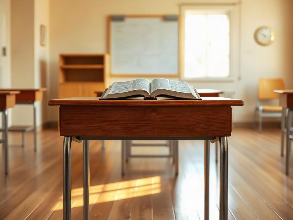 A serene classroom setting featuring a single wooden desk with an open Bible resting on it. The room is well-lit with soft golden hues, creating a warm and inviting atmosphere. The background is simple and uncluttered, emphasizing the desk and Bible as the focal point. There are no people in the image, allowing viewers to feel a sense of peace and reflection.