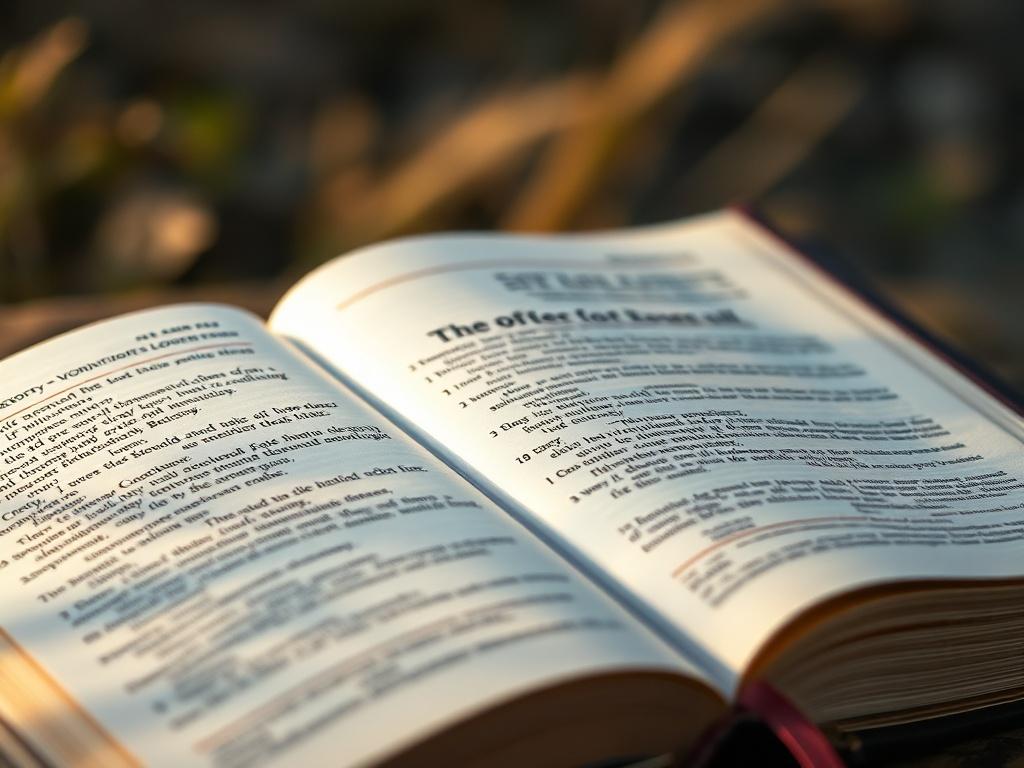 A serene close-up of an open Bible with highlighted verses, set against a softly blurred natural background. The Bible should have a leather cover with intricate detailing, and the pages should appear worn and loved. The lighting should be warm and inviting, enhancing the textures of the pages and cover, creating a peaceful and contemplative atmosphere.