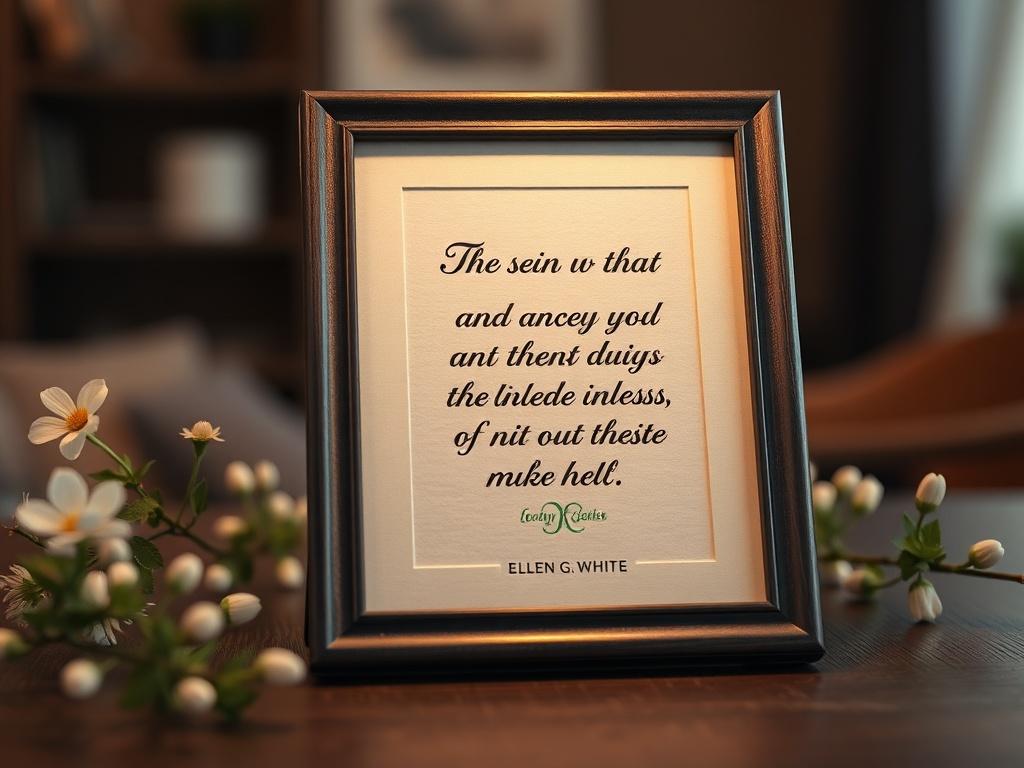 A close-up image of an elegantly framed quote by Ellen G. White, artistically displayed on a wooden table. The background should be softly blurred to emphasize the quote, which is printed on textured paper. The lighting should be soft and warm, creating an inviting atmosphere, with natural elements like flowers or greenery subtly included in the scene to enhance the sense of tranquility.
