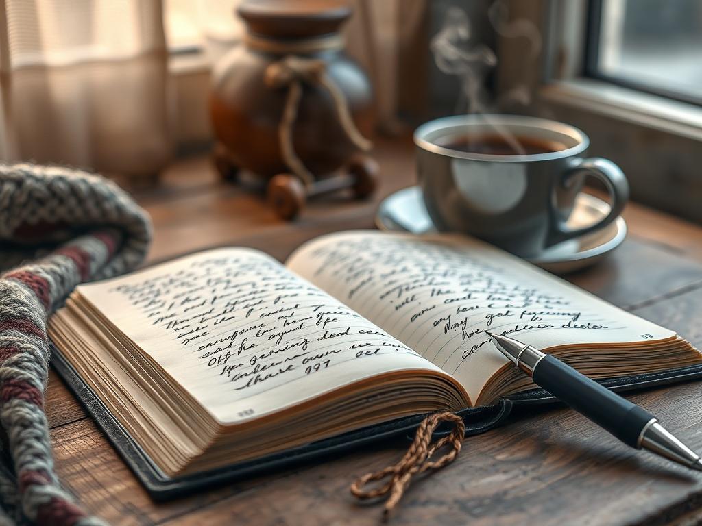 A close-up shot of an open notebook with handwritten reflections, surrounded by a cozy setting with a steaming cup of tea or coffee. The notebook should have a rustic aesthetic, with a pen lying beside it. The background should be softly blurred, showcasing a warm and inviting atmosphere, perhaps with a hint of natural light filtering through a nearby window, enhancing the feeling of comfort and contemplation.