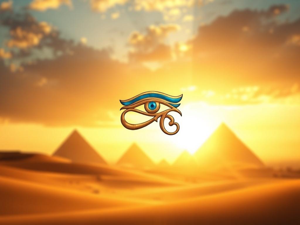 Create a realistic high-resolution photo featuring a single, beautifully designed Egyptian Eye of Horus symbol. The eye should be the central subject, intricately detailed to showcase its unique patterns and colors, with rich golds and deep blues that reflect traditional Egyptian art. The eye should be positioned slightly off-center within the frame for a balanced composition. 

In the background, create a soft-focus effect that captures an ancient Egyptian landscape, such as rolling sandy dunes or the fain