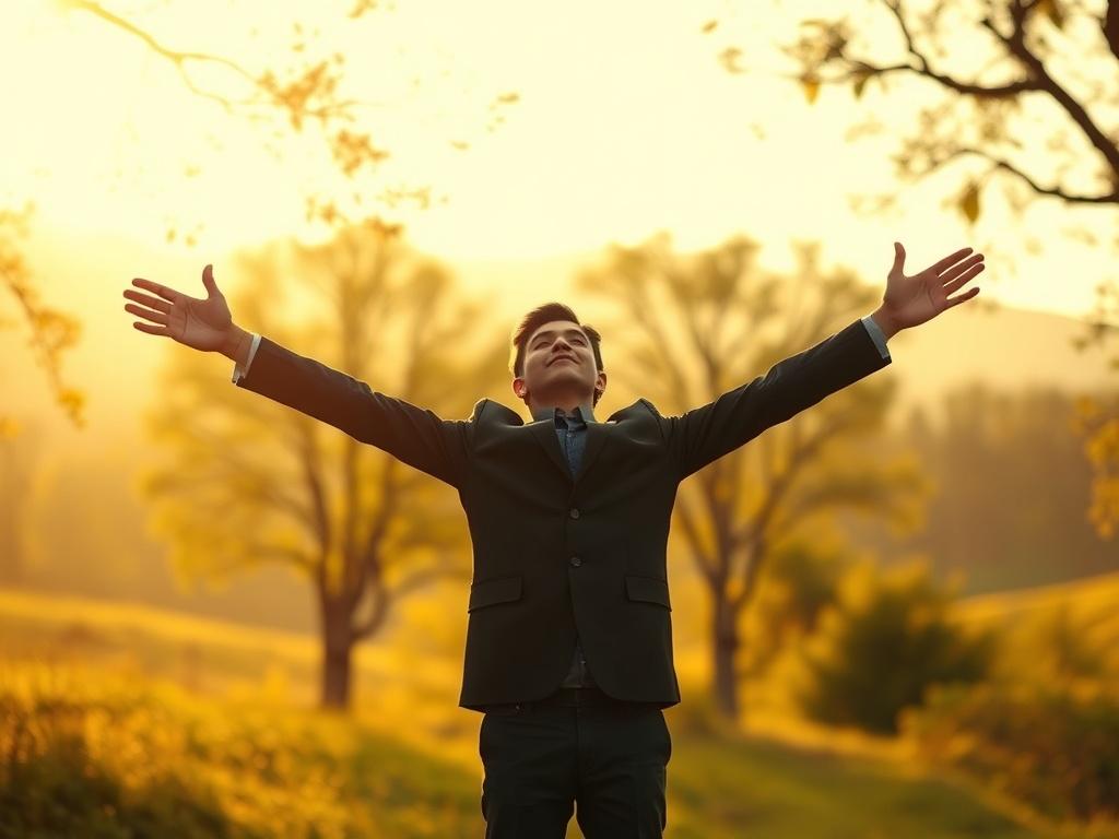 A serene outdoor scene featuring a person in a suit standing with arms stretched wide in a peaceful natural setting. The background should include soft golden hues of sunlight filtering through trees, creating a warm, inviting atmosphere. The subject should be the only focus, expressing a sense of freedom and joy, with a calm landscape of greenery and gentle hills behind them.