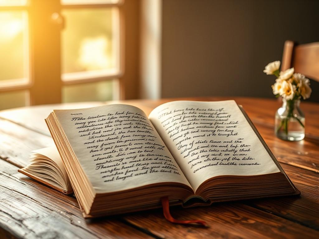 **AI Image Generation Prompt:**

Create a realistic high-resolution image that embodies the theme "Daily Inspirations from Ellen G. White." The composition should feature a single, warm-lit open book placed on a rustic wooden table, with the pages slightly turned open to display elegant handwritten script resembling inspirational quotes. The book should have a textured leather cover, giving it a timeless, classic appearance. 

In the background, softly blurred out but still visible, evoke a serene and invit