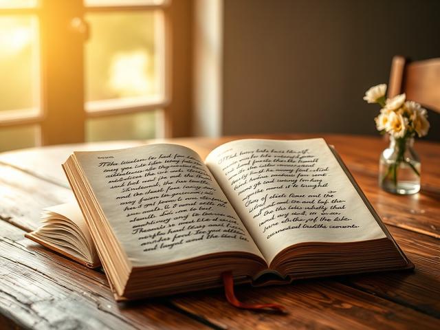 **AI Image Generation Prompt:**

Create a realistic high-resolution image that embodies the theme "Daily Inspirations from Ellen G. White." The composition should feature a single, warm-lit open book placed on a rustic wooden table, with the pages slightly turned open to display elegant handwritten script resembling inspirational quotes. The book should have a textured leather cover, giving it a timeless, classic appearance. 

In the background, softly blurred out but still visible, evoke a serene and inviting atmosphere with elements like a warm sunlight filtering through a window, casting gentle light and shadows across the table, while a few fresh flowers in a small, simple vase add a touch of nature and life. 

The color palette should harmonize with the primary color of rgb(4, 104, 120), giving the overall image a calm and uplifting feel, while emphasizing the beauty and wisdom of Ellen G. White's writings. Ensure the focus remains on the book, capturing the intricate details of the pages and the texture of the leather, inviting the viewer to explore daily wisdom and insights that uplift the spirit.