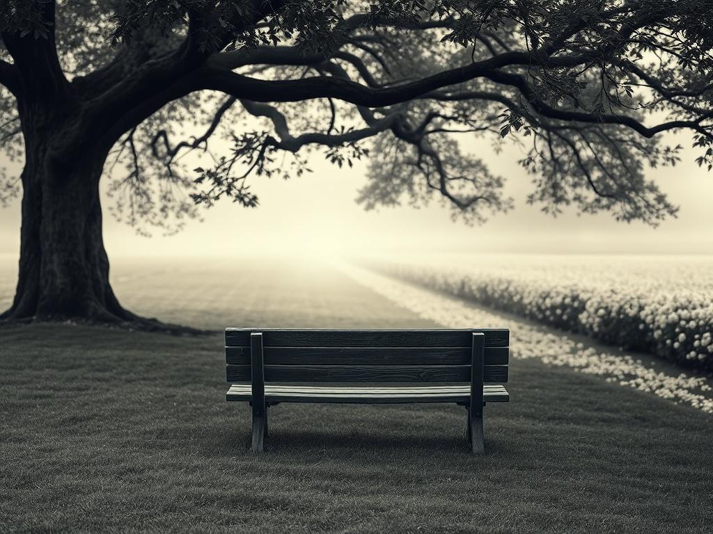 Create a realistic high-resolution photo that depicts a serene and contemplative scene reflecting the theme of "afterlife." The image should feature a single subject: a weathered wooden bench positioned under a large, tranquil tree with sprawling branches. The bench should be situated on soft, lush grass, inviting a moment of reflection. 

In the background, a gentle pathway lined with soft, glowing, white flowers leads into a peaceful, misty haze, symbolizing the passage to the afterlife. The atmosphere sh