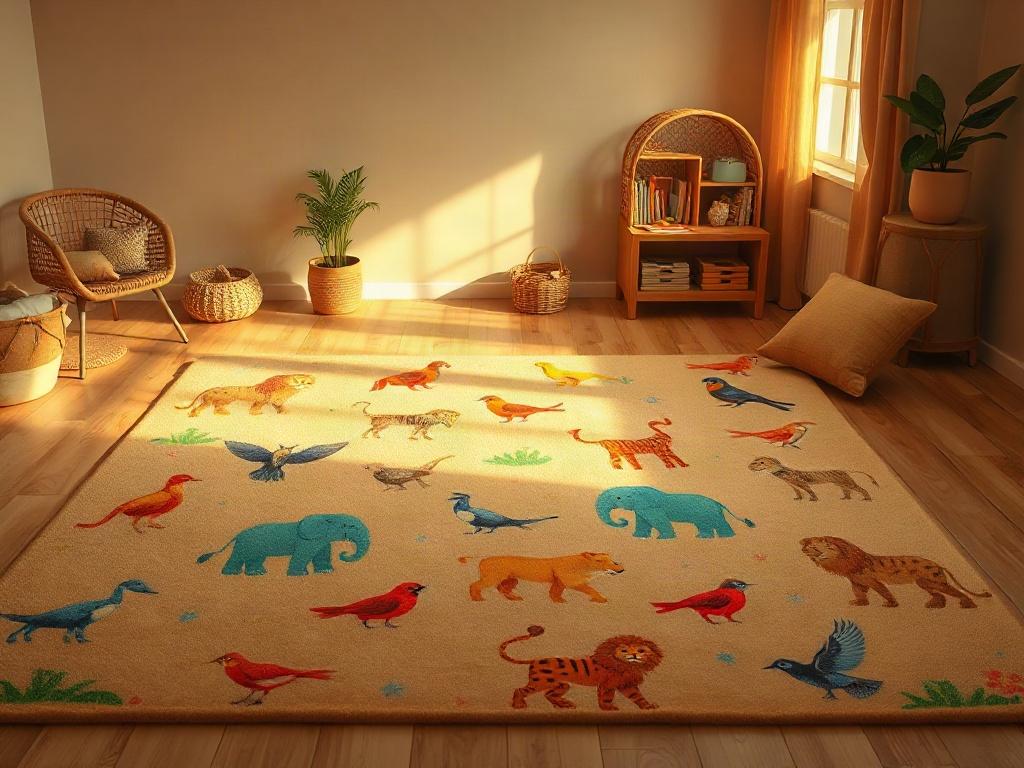 A cozy classroom carpet featuring colorful animals without any people. The carpet is designed with various animal illustrations, including elephants, lions, and birds, all set against a warm, inviting background. The composition is simple and clear, focusing solely on the vibrant carpet that brings joy and inspiration to a learning environment.