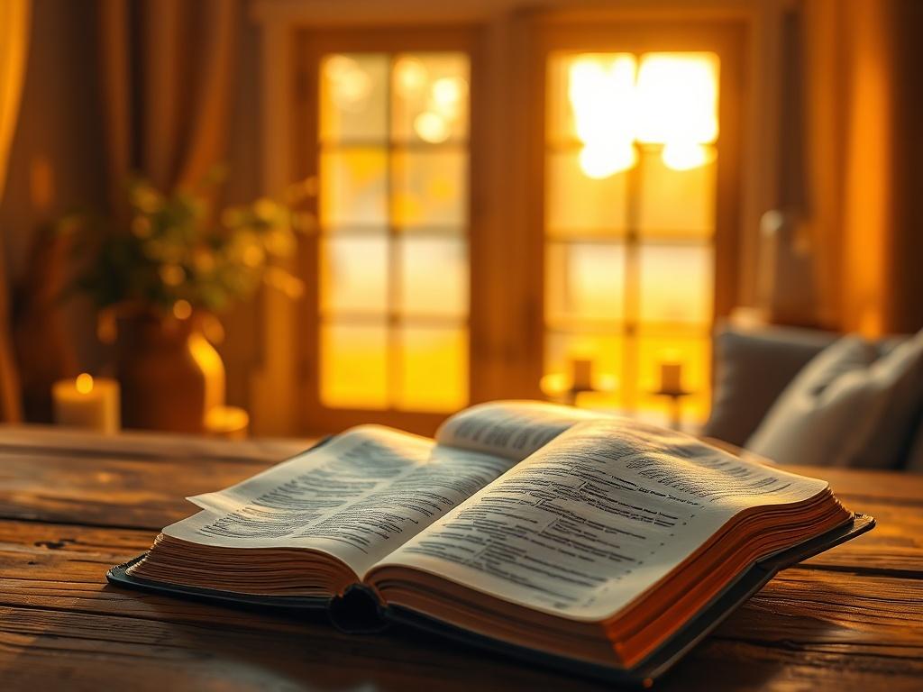 A serene and cozy environment featuring a beautifully lit Bible open on a wooden table, surrounded by soft golden lighting. In the background, a gentle nature scene can be seen through a window, enhancing the peaceful atmosphere. The focus is on the Bible, exuding warmth and tranquility.