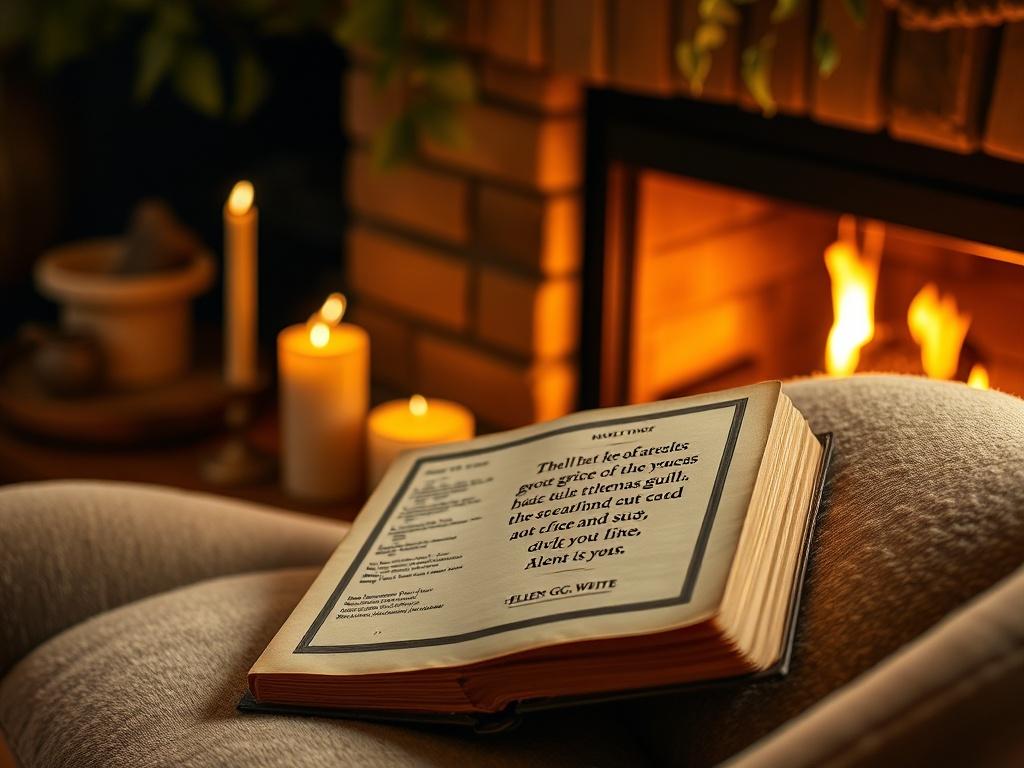 An inviting setting with a vintage-style book of quotes by Ellen G. White, resting on a plush chair by a warm fireplace. The soft glow of candlelight adds a serene ambiance, with a faint hint of greenery in the background. The focus is on the book, symbolizing wisdom and comfort.