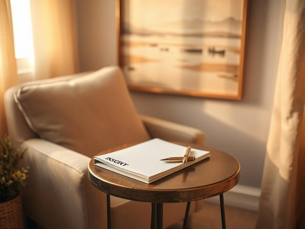 A cozy corner of a room featuring a soft armchair with a notepad and pen resting on a small side table. The room is softly illuminated by golden hues, with a calming painting in the background. The focus is on the notepad, symbolizing reflection and inspiration.