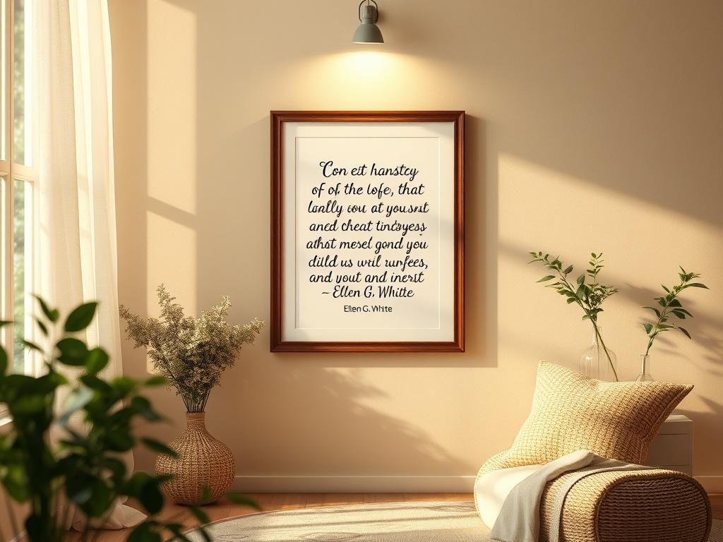 A tranquil setting with a beautifully illustrated quote from Ellen G. White framed on a wall, surrounded by soft light and greenery. The atmosphere should evoke contemplation and inspiration, inviting viewers to reflect on the message.