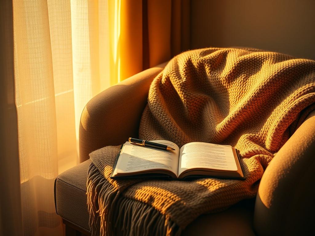 A cozy reading nook with a comfortable chair, a warm blanket, and an open notebook with a pen resting on it. Soft golden light should illuminate the space, creating an inviting environment for reflection and inspiration.