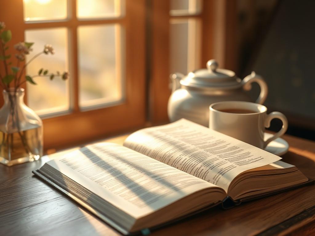 A serene morning scene featuring an open Bible with sunlight streaming through a window, casting soft golden hues. The background should include a cozy, inviting atmosphere, with a cup of tea or coffee beside the Bible, emphasizing a moment of reflection and peace.