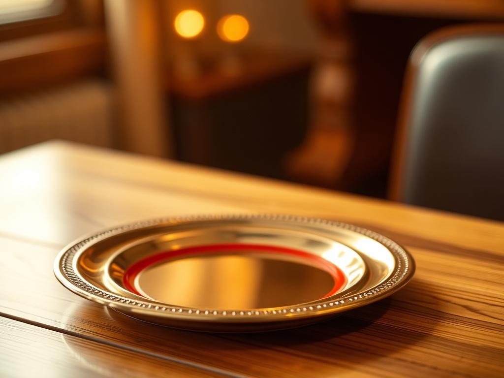A reflective brass offering plate with a rich red interior, placed on a polished wooden surface. The plate should be the central focus of the image, showcasing its elegant design and vibrant color contrast. The background should be softly blurred to maintain a serene atmosphere, with warm golden hues illuminating the scene, creating a cozy and inviting feel.
