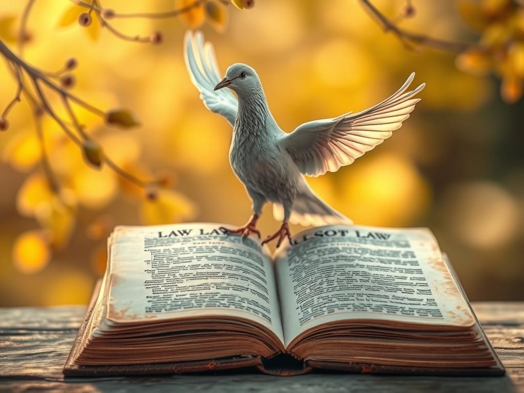 Create a realistic high-resolution photo depicting a serene and contemplative scene focused on a single subject: an intricately detailed dove symbolizing peace and hope. The dove should be captured perched gracefully atop a weathered open book of law, with its wings slightly outstretched as if in mid-flap, conveying a sense of freedom and enlightenment. 

The background should be soft and blurred, featuring warm, golden hues that enhance the cozy atmosphere. Incorporate natural elements such as gently glowi