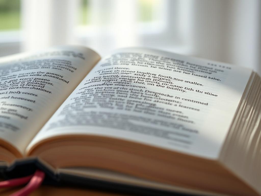 A close-up shot of an open Bible page displaying beautifully penned scripture verses, surrounded by a serene atmosphere with soft natural light. The background should be blurred to emphasize the text, capturing the essence of reflection and spirituality.