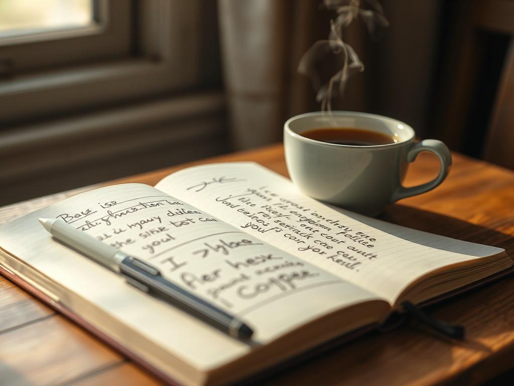 A close-up shot of a steaming cup of tea or coffee placed beside an open notebook with a thoughtful reflection written on it. The setting should be warm and inviting, with soft natural light illuminating the scene, creating a cozy atmosphere for contemplation.