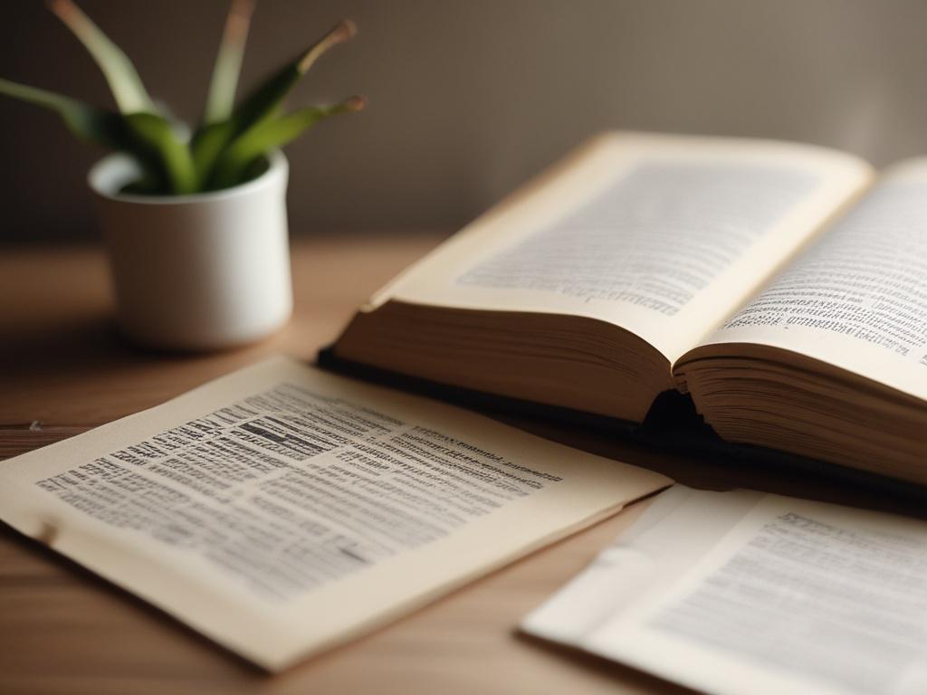 Create a realistic high-resolution image for a blog titled "Finding Peace Through Daily Scriptures." The composition should be simple and clear, focusing on a single subject: a serene, open Bible resting on a wooden table. The Bible should be prominently displayed, with pages gently turned to a specific verse that symbolizes peace. 

Surrounding the Bible, include a few delicate details: a softly glowing candle casting warm light, a small vase of fresh flowers (perhaps white lilies or lavender) to symbolize