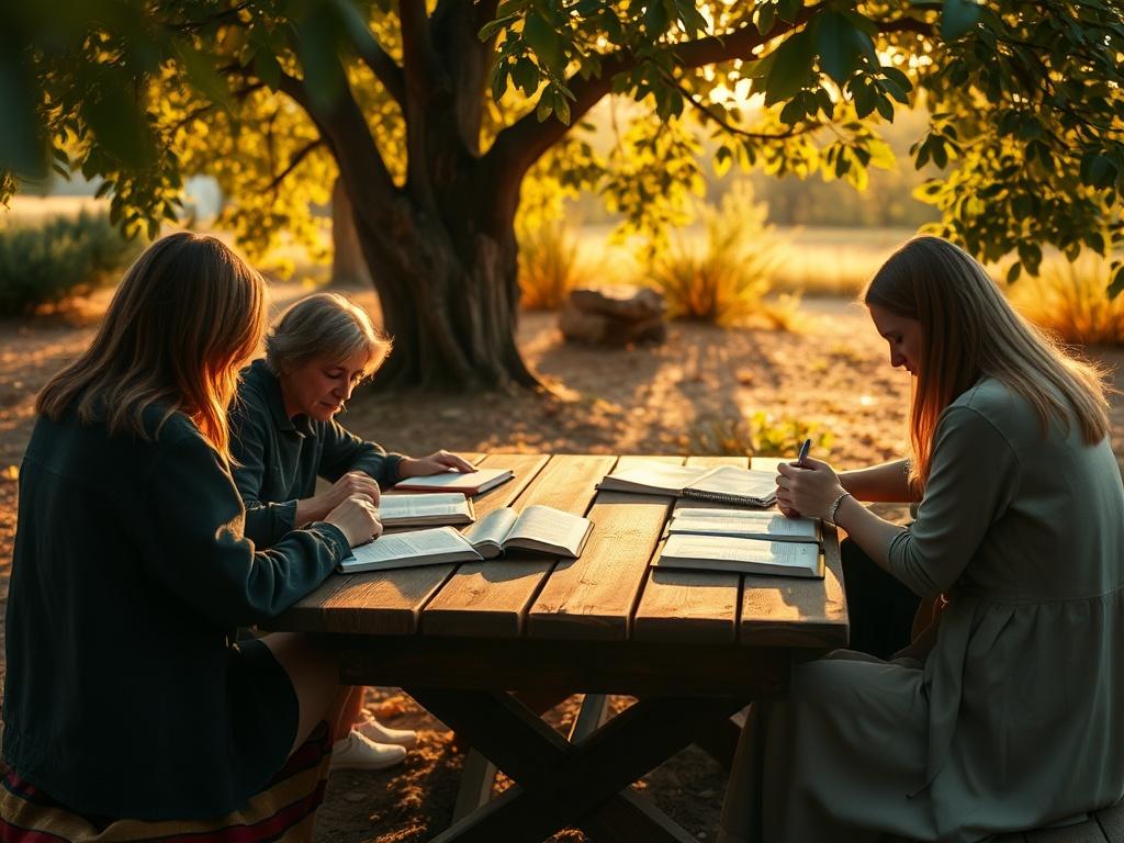 A serene outdoor setting featuring a small group of people engaged in a study and prayer session, surrounded by trees and nature. The focus is on a wooden table with open Bibles, notebooks, and a peaceful ambiance. Soft golden lighting filters through the leaves, creating a warm and inviting atmosphere. No faces are visible, emphasizing the collective experience of study and prayer in a tranquil environment.