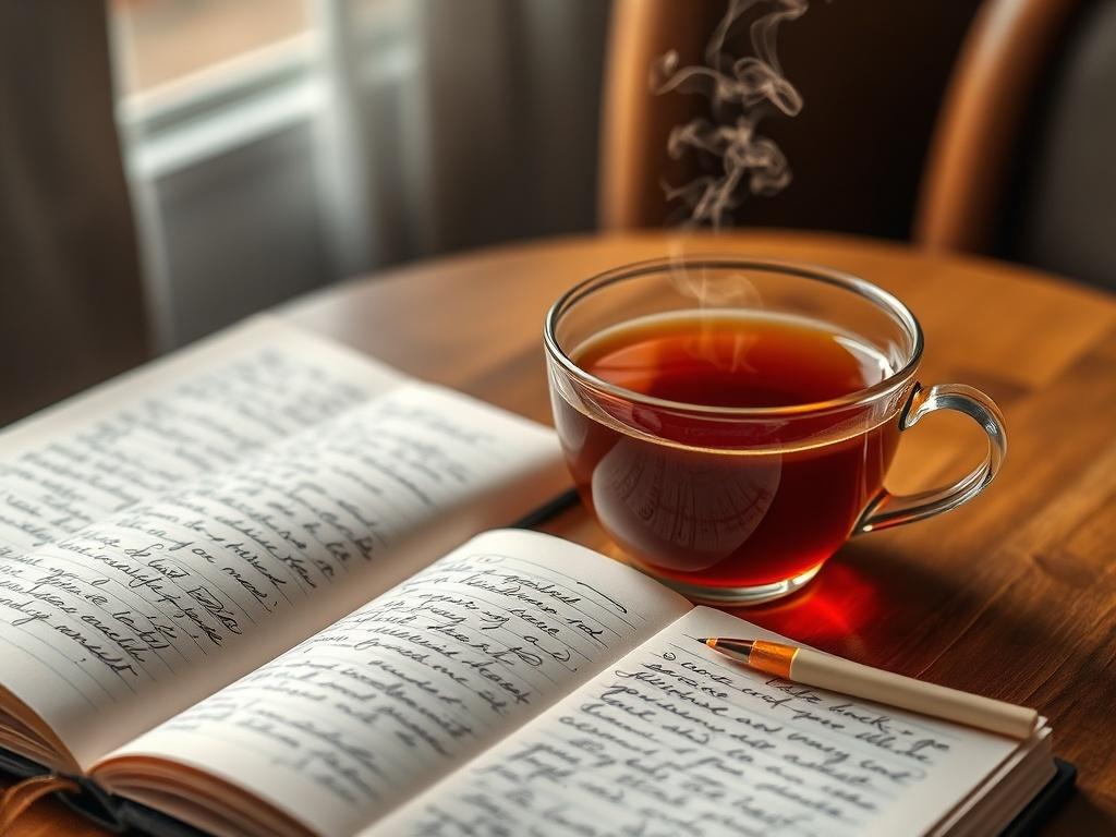 A close-up shot of a steaming cup of tea on a cozy table, accompanied by an open notebook filled with handwritten notes. The warm colors and soft lighting create a serene atmosphere, encouraging reflection and contemplation in a peaceful setting.