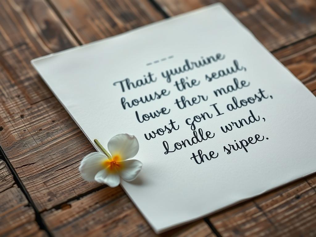 A close-up image of a handwritten quote on a piece of elegant stationery, placed on a rustic wooden surface. The background is softly blurred, highlighting the beauty of the handwritten text, with a delicate flower beside it, symbolizing inspiration and growth.