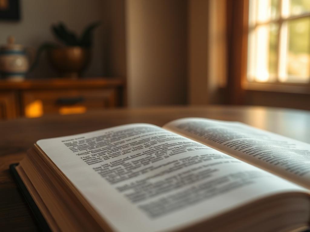 A close-up shot of an open Bible on a wooden table, with sunlight streaming in through a nearby window, creating a warm and inviting atmosphere. The focus is on the pages filled with text, with a soft depth of field that blurs the background gently, capturing the essence of reflection and spirituality.