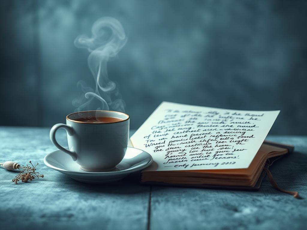 A peaceful scene showcasing a steaming cup of tea or coffee beside a notebook filled with handwritten reflections. The background should be a cool-toned environment with shades of rich blues and soft grays, creating an inviting and contemplative space. The focus should be on the cup and notebook, symbolizing the joy of reflection and inspiration.