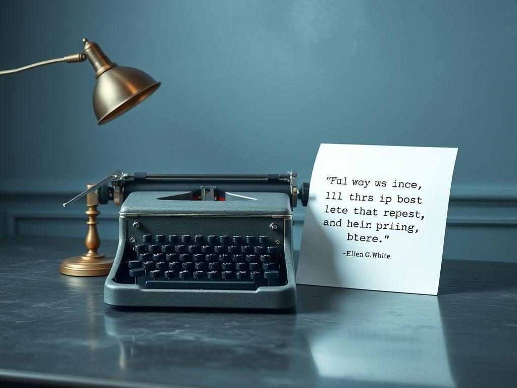 A calming scene showing an elegant desk with a vintage typewriter and a sheet of paper featuring a quote from Ellen G. White. The background should be a cool-toned environment with shades of rich blues and soft grays, creating a reflective and serene atmosphere. The focus should be on the typewriter and the quote, inviting viewers to ponder the wisdom of Ellen G. White.