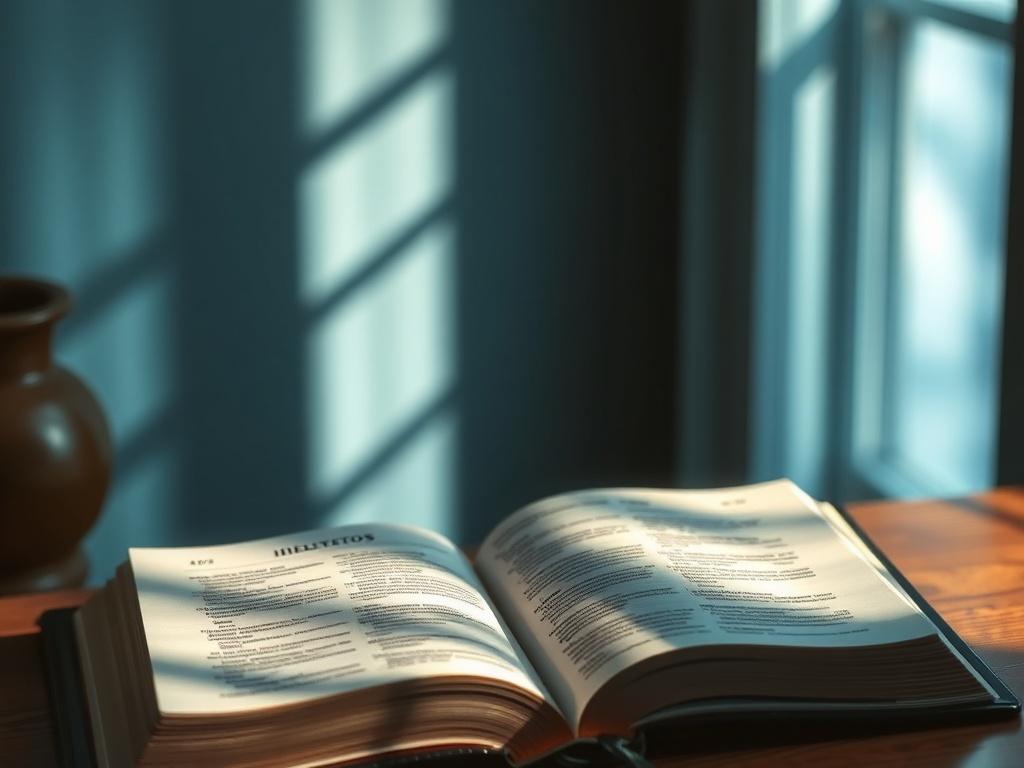 A serene setting featuring a beautifully crafted open Bible with sunlight streaming through a window, casting soft shadows on the pages. The background should be a cool-toned environment with shades of rich blues and soft grays, creating a tranquil atmosphere that invites reflection and contemplation. The focus should be on the Bible, highlighting the text, with a peaceful ambiance.