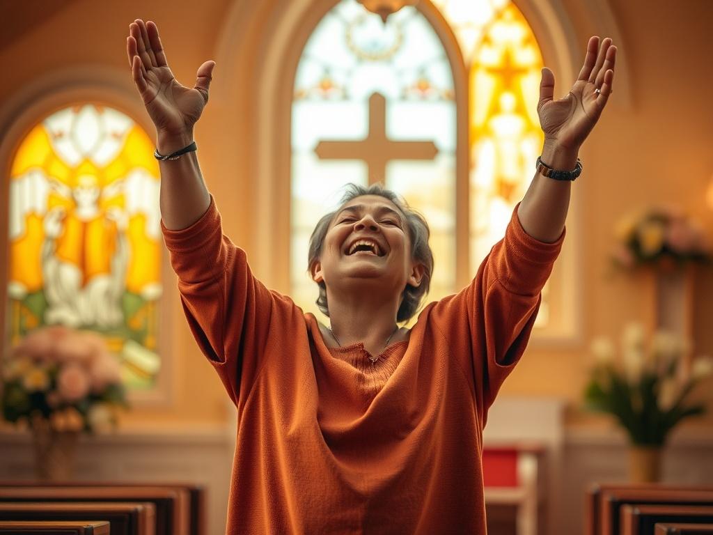 Create a realistic high-resolution photo that captures the essence of "Speaking in Tongues." The composition should focus on a single subject, a middle-aged person of diverse ethnicity, who is standing in a softly lit, serene indoor environment, such as a church or a cozy room dedicated to prayer. The subject is depicted with arms raised in a joyful expression, as if in the act of speaking in tongues, conveying a deep sense of spirituality and connection. 

The background should be softly blurred, featuring