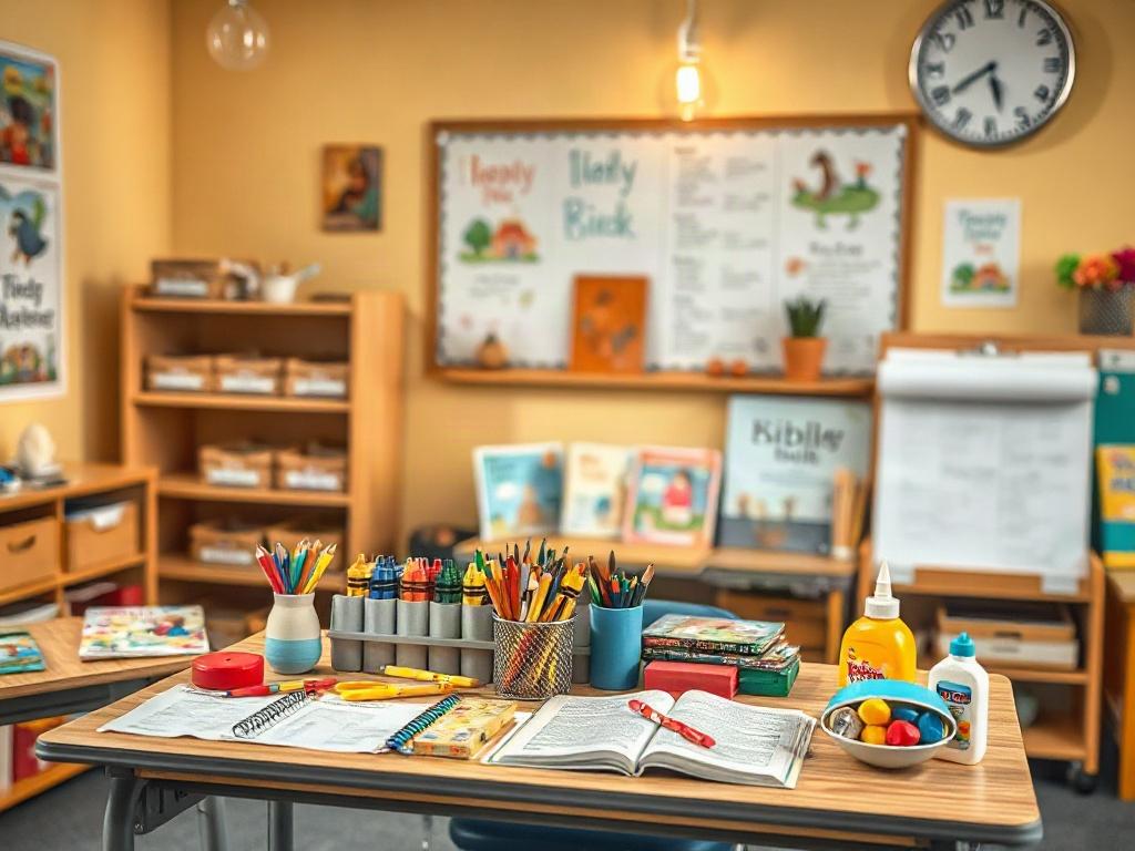 A cozy classroom setting featuring a classroom desk filled with colorful arts and crafts materials related to the Bible. The desk should have a variety of art supplies like crayons, colored paper, scissors, and glue, along with Bible storybooks and illustrations. The background should be softly lit, creating a warm and inviting atmosphere, with subtle decorations reflecting biblical themes. The overall composition should be simple and clear, focusing on the desk as the central subject, embodying creativity 