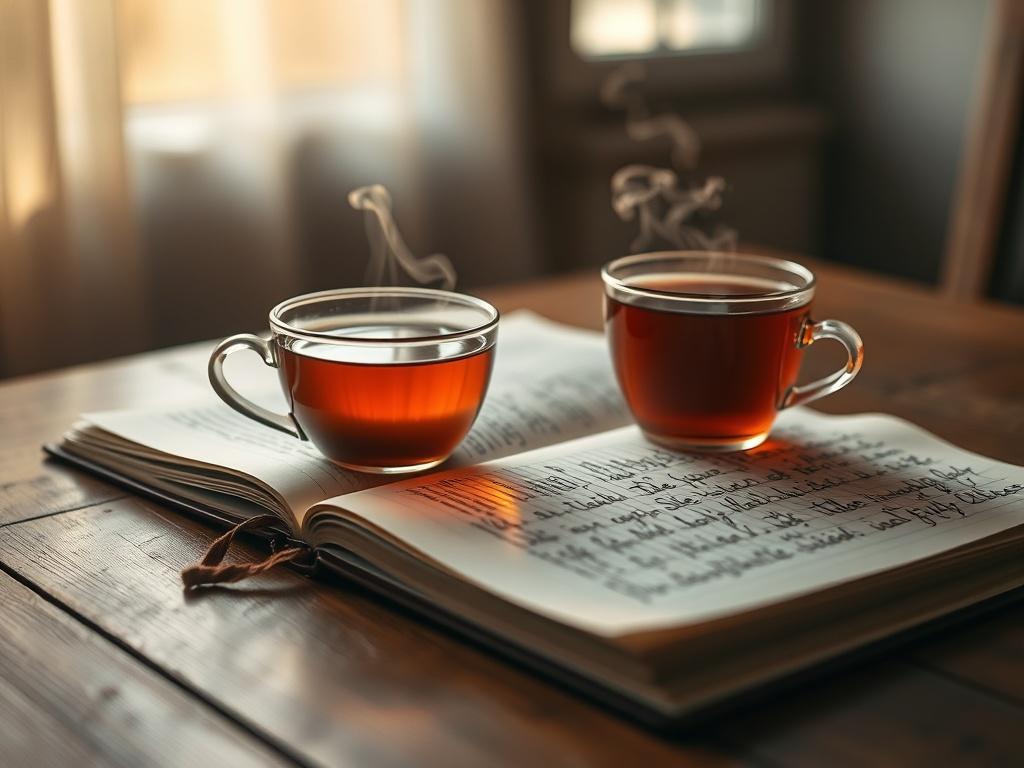 A close-up shot of a steaming cup of tea beside an open journal, with handwritten reflections on a wooden table. The warm light casts a cozy glow, inviting viewers to pause and reflect. The background is softly blurred, highlighting the journal and tea as the focal points.