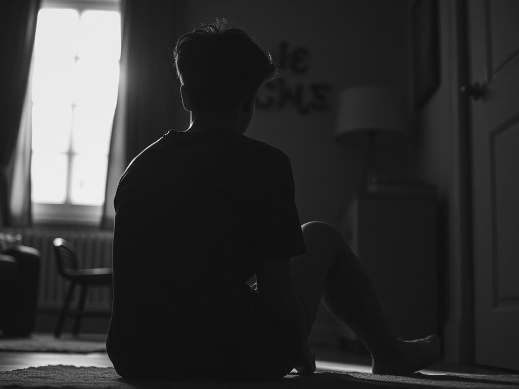 Create a highly detailed, realistic high-resolution black and white photograph that embodies the theme of "hiding from the light." The composition should feature a single subject — a person sitting in a dimly lit room. The subject should be a young adult, with their back turned towards a window, creating a silhouette effect against the soft light spilling in from the outside. Their posture should convey a sense of introspection and contemplation, as if they are seeking solitude or reflecting on their though