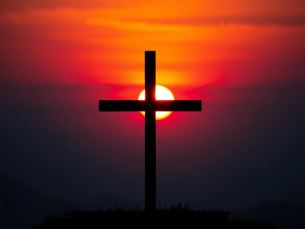 A realistic high-resolution photo of a cross silhouetted against a vibrant sunset. The background features a stunning gradient of warm oranges and soft purples blending into the cool-toned environment of rich blues. The cross stands tall in the foreground, symbolizing hope and faith, with the sun setting behind it, casting a warm glow. The composition should be simple and clear, focusing solely on the cross and the sunset.