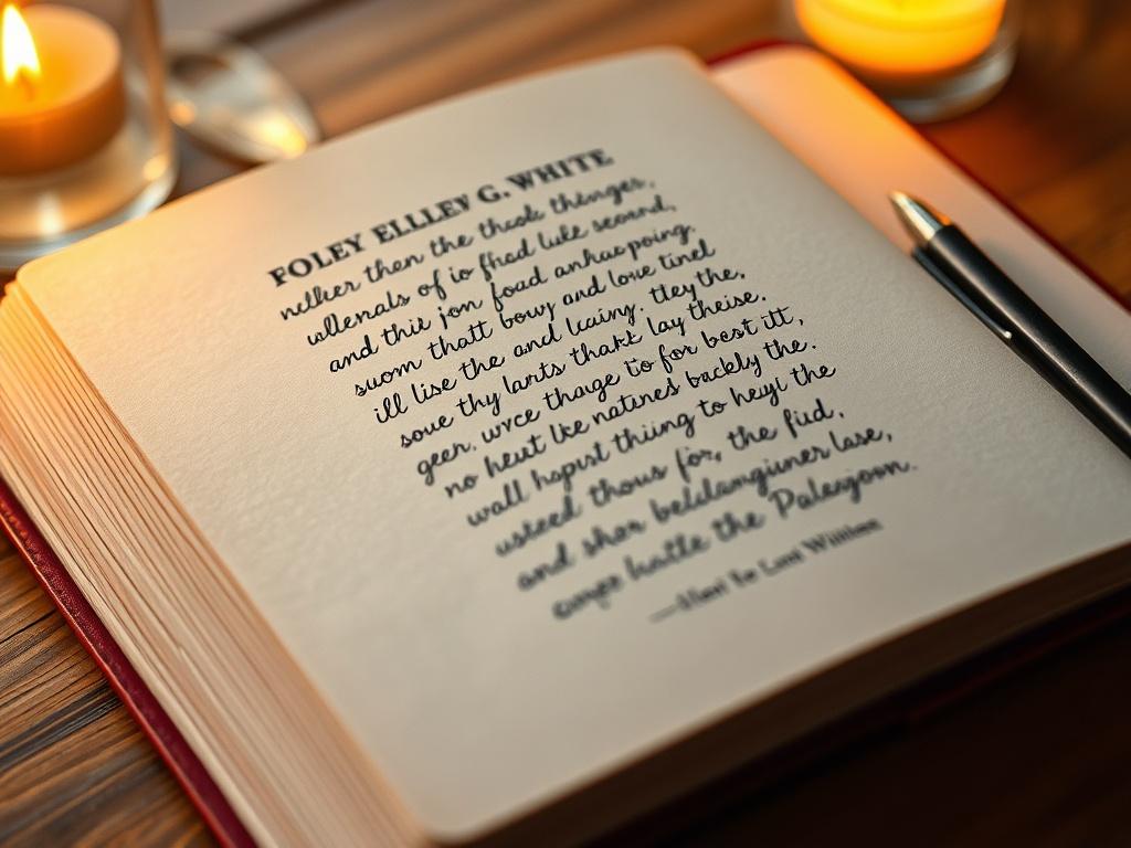 A hyper-realistic close-up shot of an elegantly designed notebook with handwritten quotes from Ellen G. White, surrounded by a warm, inviting light that creates a cozy and reflective atmosphere.