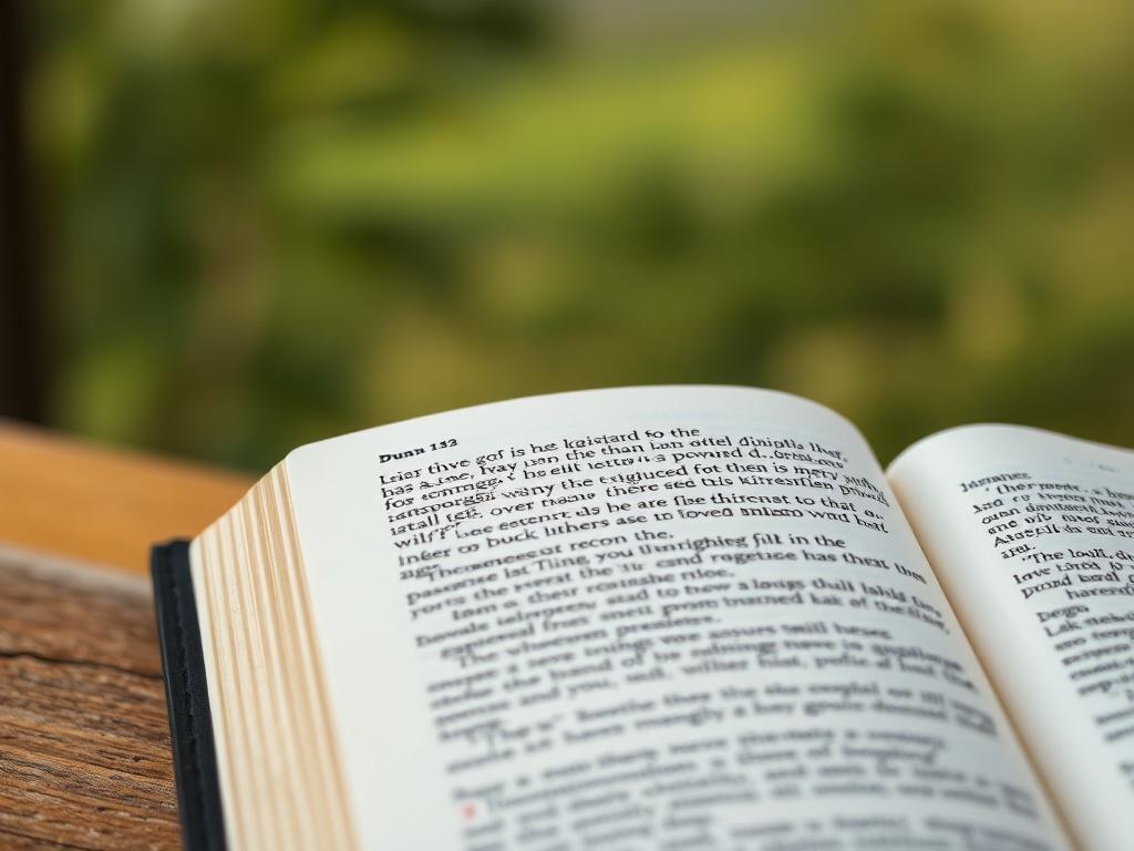 A realistic high-resolution close-up shot of an open Bible with highlighted verses, set against a softly blurred background of a serene, natural setting that evokes peace and contemplation.