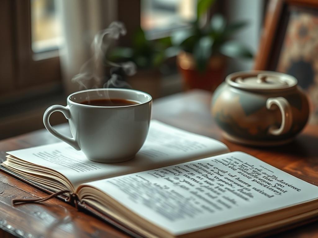 A close-up shot of a steaming cup of coffee or tea on a wooden table, with an open journal beside it, showcasing a beautifully written inspirational message, all set in a cozy, inviting environment.