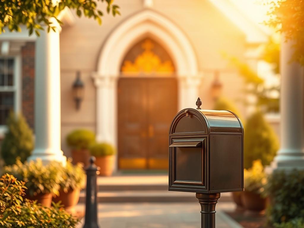 A serene and cozy image of a church mailbox located outside a welcoming church entrance, surrounded by soft golden lighting. The mailbox is elegantly designed, reflecting a blend of traditional and modern aesthetics. In the background, the soft focus of the church building can be seen, with lush greenery enhancing the peaceful atmosphere.